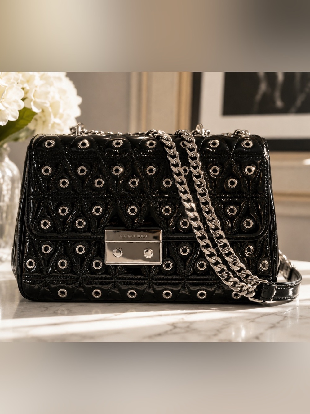 Michael Kors Sloan Editor Black Patent Leather Grommet Chain Shoulder Bag